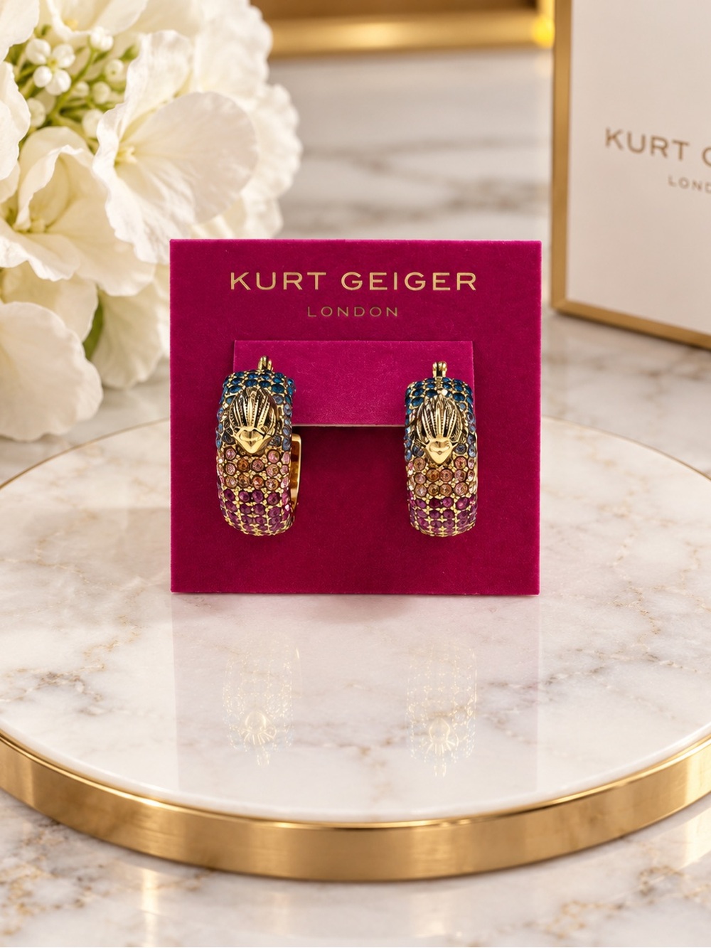 Kurt Geiger Gold Hoop Earrings with Blue and Pink Stones
